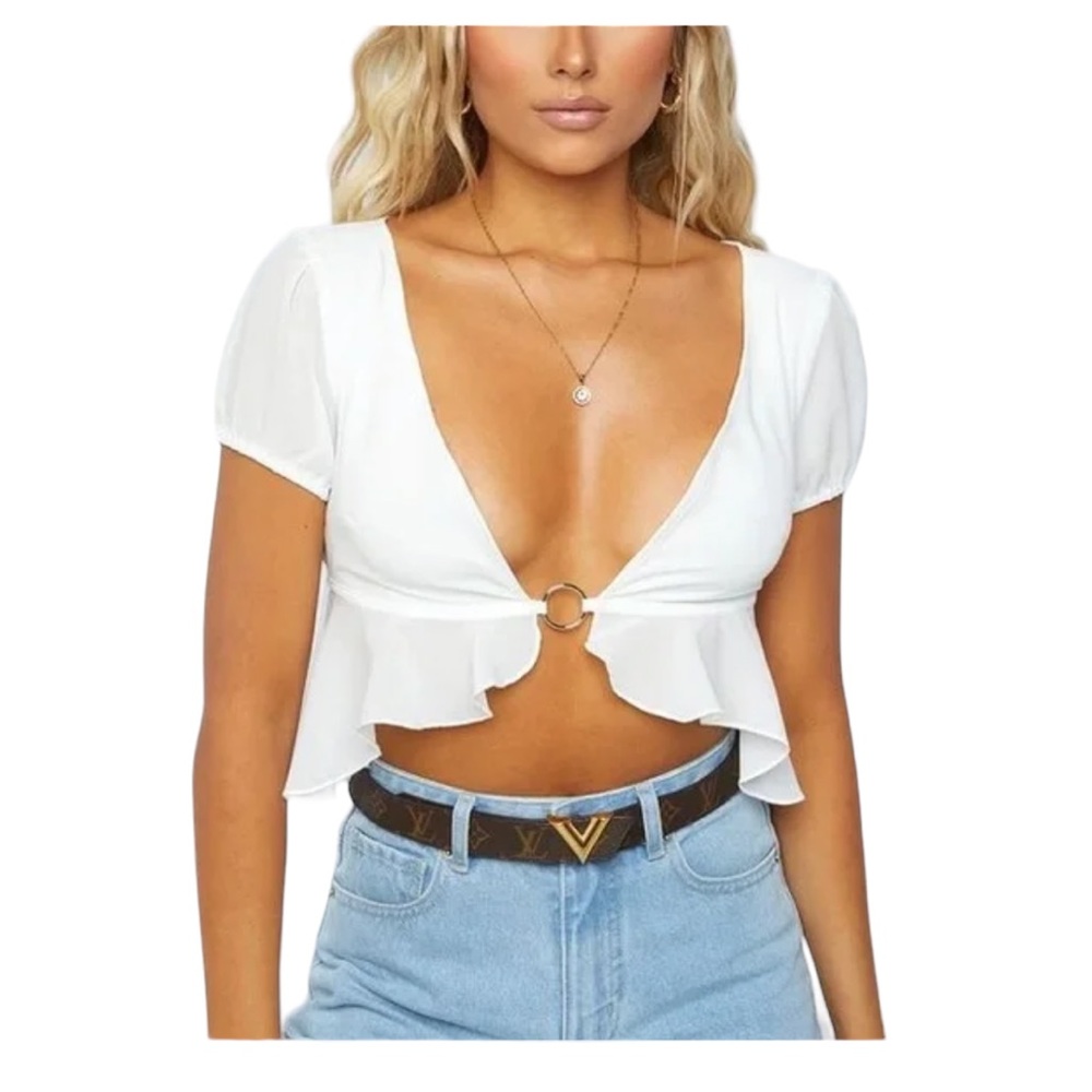 Tiger Mist Seraphim mesh crop top w/ ring cut out detail